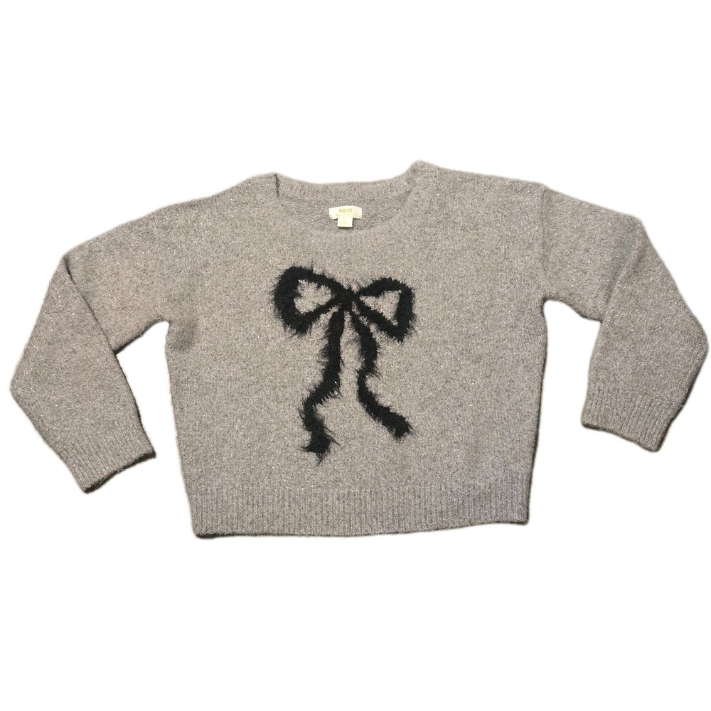 ANTHROPOLOGIE Maeve Sweater Sz S Gray Fuzzy Black Bow Knit Gray Metallic Novelty